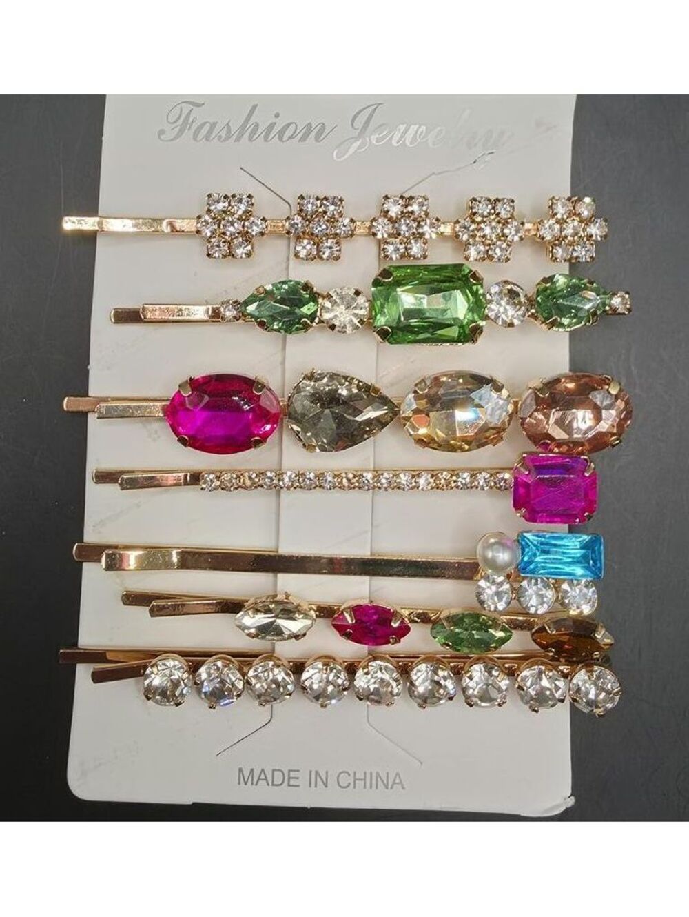 Set of 7 Colorful Rhinestone Hair Pins with Gold Tone Finish